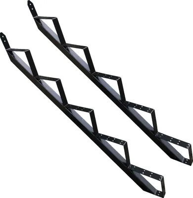 Two black metal stair stringers are shown against a white background.