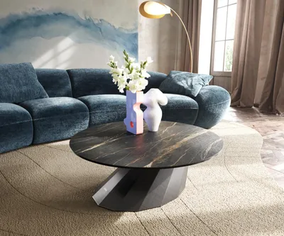 Produktbild von DELIFE Couchtisch Edge Rund 90x90 cm Keramik Laminam® Noir Desir Braun Parabi Metallic Silber