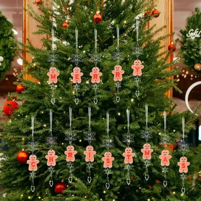 Produktbild von Weihnachts-Lebkuchenmann-Buchstaben-Ornament, Name, Initiale, Lebkuchen-Hängedekoration mit transparentem Acryl-Schneeflocken-Eiszapfen für Weihnachtsbaum-Party-Dekoration