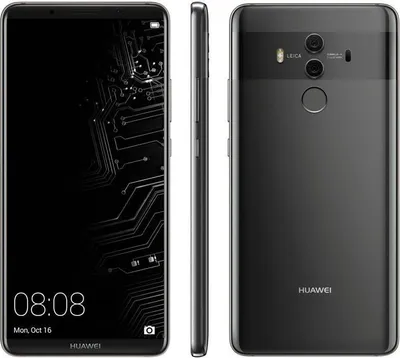 A three-view product shot of a Huawei Mate 10 Pro smartphone.