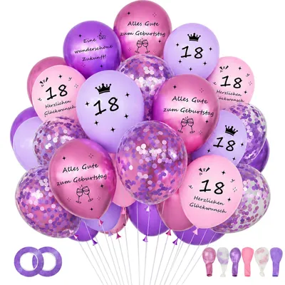 Productafbeelding van Verjaardagsdecoratieset - 30-delig, inclusief ballonnen en een cijferballon "18" in roze en paars