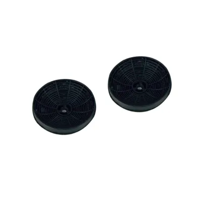 Two black circular charcoal filters for a kitchen hood.