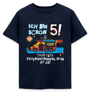 Produktbild von Spreadshirt Feuerwehrmann Sam Geburtstagsdesign 5 Jahre Kinder T-Shirt, 98/104 (3-4 Jahre), Navy