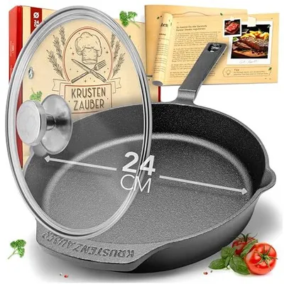 Produktbild von KRUSTENZAUBER 24cm Gusseisenpfanne Induktion - Voreingebrannte Gusseisen Pfanne - Ideale Grillpfanne Induktion, Eisenpfanne, Cast Iron Pan, Bratpfanne, Gusseiserne Pfanne Skillet Gusspfanne