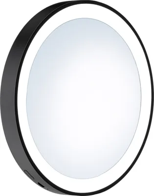 A round black cosmetic mirror with a built-in LED light ring.