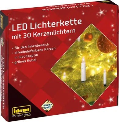 The image shows the packaging of an LED light chain with candle lights.