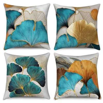 Produktbild von Omgoods – Set aus 4 türkisfarbenen Kissenbezügen, 50 x 50 cm, mit Blumen- und Blattmuster