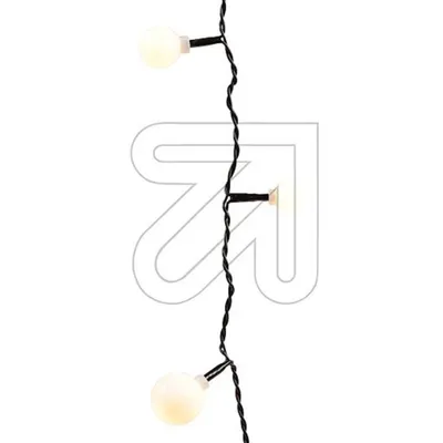 A string of white LED lights with a black wire against a white background.