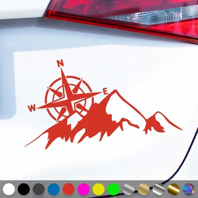Produktbild von PantherPixel Kompass Berge Aufkleber Windrose Reisen Camping Sticker Auto Geschenkidee Farbe Rot