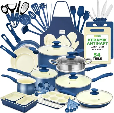 Immagine prodotto di Set di pentole NutriChef da 54 pezzi – Padelle, pentole, utensili da cucina blu – Con coltelli, stampi da forno e accessori – Adatto a piani a induzione, a gas ed elettrici