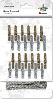 Produktbild von 24 Stück Holz-Wäscheklammern Silber-Gold Glitzer 4x30mm mit ca. 360 cm Kordel