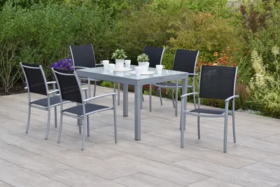 Produktbild von Merxx Gartenmöbelset "Milano" 7tlg. mit Ausziehtisch 120/180 x 90 cm - Aluminiumgestell Silber mit Textilbespannung Schwarz