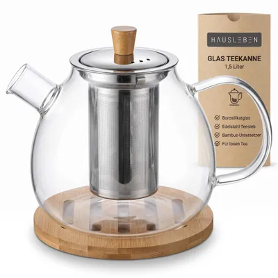 Immagine prodotto di Teiera in vetro con filtro in acciaio inossidabile, sottotazza Dobin – 1,5 litri – Vetro borosilicato e sottotazza in bambù – Antigoccia, resistente al calore, lavabile in lavastoviglie, productTiles.product.images.aiGenerated