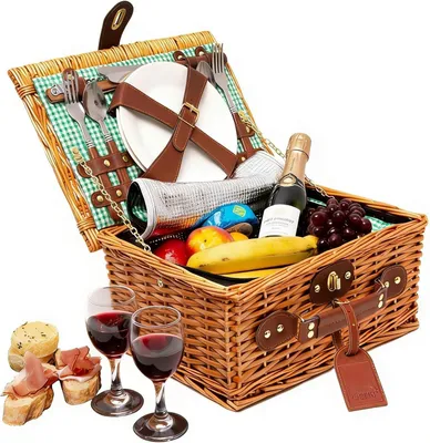 Imagen del producto de Cesta de picnic de mimbre, con compartimento isotérmico, de 35x27x16 cm, para 2 personas, con accesorios