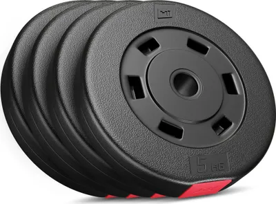 A stack of black weight plates with gray centers and red accents on a white background.