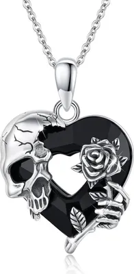 Produktbild von Totenkopf Kette Rose Schwarz Kristall 925er Sterling Silber Gothic Halloween Schädel Halskette