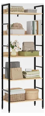 Produktbild von Bücherregal, offenes Standregal mit 5 Ebenen, 60x160x27,5 cm, Schwarz + Helle Eiche