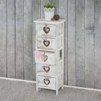 Produktbild von Forli komoda, szafka, 5 szuflad z serduszkami 86x29x25cm, shabby look, vintage ~ white