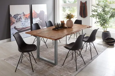 Produktbild von 7tlg. Essgruppe Dora 180 x 90 cm, Mangoholz massiv & naturfarben, Baumkantentisch mit Metallgestell in Silber, echte Baumkante, + 6X Schalenstuhl Lerche in Schwarz