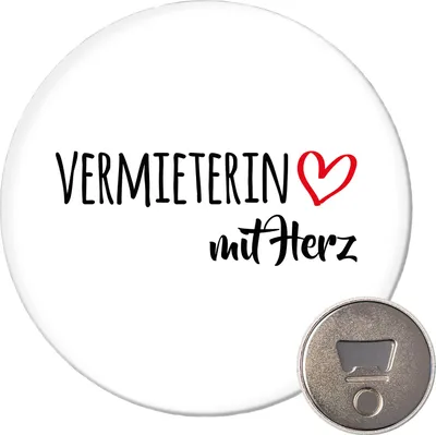 Produktbild von Huuraa Magnet Vermieterin mit Herz 59mm Kühlschrankmagnet rund Flaschenöffner Geschenkidee