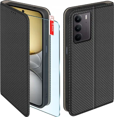 Zdjęcie produktu dla Etui z klapką do Realme C75 Zamykane Czarne Futerał + Szkło 9H