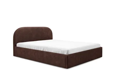 A brown upholstered bed with a white sheet on a white background.