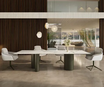 Produktbild von DELIFE Esstisch Edge 300x100 Keramik Calacatta Luxe Weiß-Gold-Grau Troa Metall Effektfinish Titan