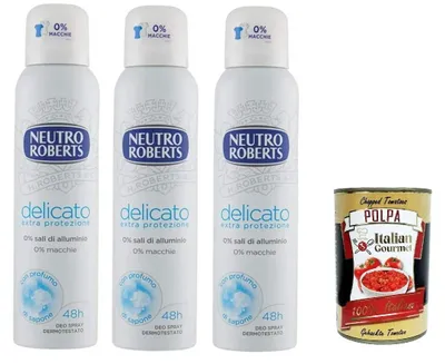 Produktbild von Neutro Roberts Deodorante Spray Delicato - Deo-Spray – Seifenparfüm 3x 150ml + Italian Gourmet polpa 400g