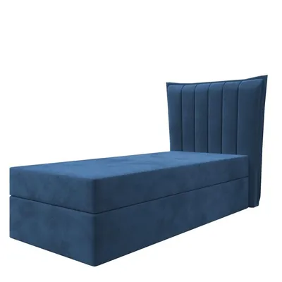 A blue upholstered chaise lounge with a tufted headboard, presented against a white background.