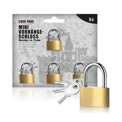 Produktbild von com-four® 5x Mini Gepäck-Vorhängeschloss - Gepäckschloss aus Messing - Kleines Kofferschloss für Gepäck und Reisetaschen