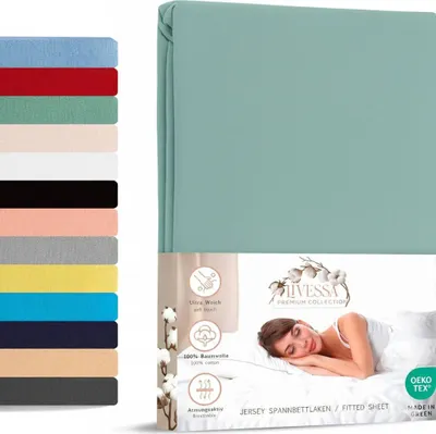 A product image showing a folded fitted sheet and packaging with a model sleeping.