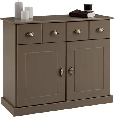 Produktbild von Kommode PARIS aus massiver Kiefer in taupe, schönes Sideboard mit 2 Türen, praktische Apothekerkommode mit 2 Schubladen, zeitlose Schubladenkommode mit Muschelgriffe