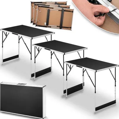 Produktbild von Drei-fach-Falttisch - Set aus 3 Außentischen - verstellbare Höhen und Tragegriff - Picknicktisch für Camping - 30 kg Tragfähigkeit - schwarz Falttisch