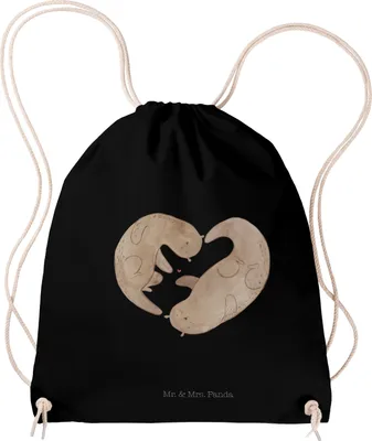 Produktbild von Mr. & Mrs. Panda Stoffbeutel Otter Herz - Schwarz - Geschenk, Turnbeutel, Beutel, leichter rucksack, Hochzeitstag, Liebe, Jutebeutel, wander