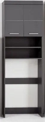 A tall, dark gray storage unit with two cabinets at the top and open shelving below.