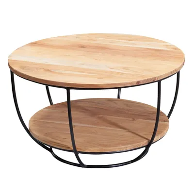 Produktbild von Couchtisch 60x34,5x60 cm Akazie Massivholz / Metall Sofatisch, Design Wohnzimmertisch Rund, Stubentisch Industrial Braun, Tisch mit Ablage