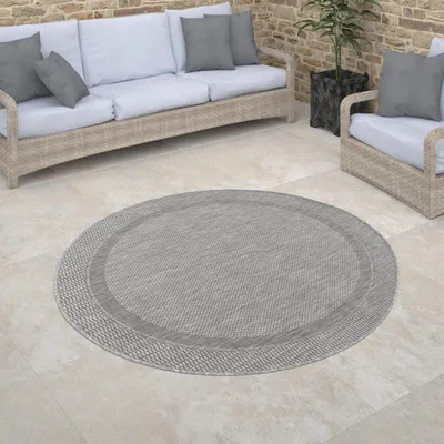 Produktbild von Outdoor Teppich rund Flachgewebe in Sisal-Optik mit Bordüre UV-beständig robust Grösse 120 cm Rund