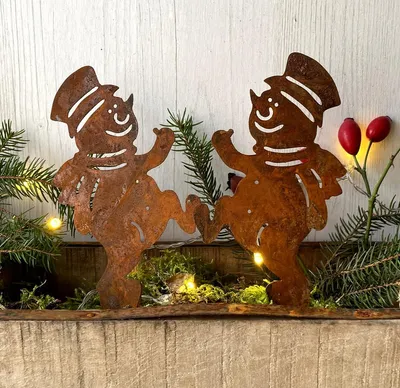 Imagen del producto de Juego de dos adornos para jardín con forma de muñeco de nieve, color óxido, resistentes a la intemperie, para uso en exteriores