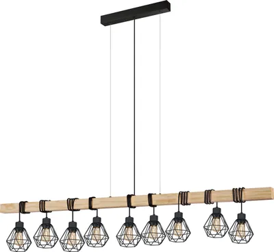 Produktbild von EGLO Pendellampe Townshend 5, 9 flammige Vintage Pendelleuchte im Industrial Design, Retro Hängelampe aus Stahl und Holz, Farbe Schwarz, braun, E27