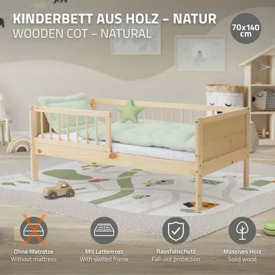 Obrázek produktu pro ML-Design dětská postel s roštem a ochranou proti vypadnutí, 70x140 cm, přírodní, jednolůžko z masivu pro děti, chlapce a dívky