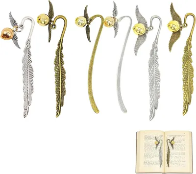 Imagen del producto de 6 marcapáginas metálicos, color dorado, con forma de pluma y de hoja, para libros