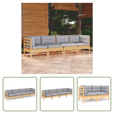 Produktbild von The Living Store 4-tlg. Garten-Lounge-Set mit Grauen Kissen Kiefer Massivholz