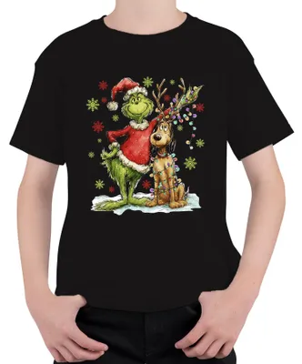 Produktbild von Grinch Weihnachten Rentier Lichterkette Schneeflocken Geschenk Uni Kinder T-Shirt, Schwarz, 152