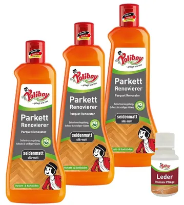 Produktbild von Poliboy 3er Parkett Renovierer Seidenmatt - inkl. Leder Probe - Inhalt 1,5 Liter - für strapazierte Holz- und Korkböden - 5950001