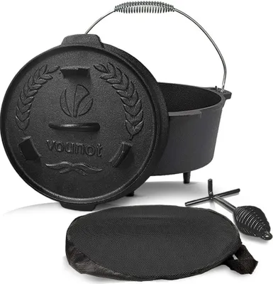 Produktbild von VOUNOT® BBQ Dutch Oven Feuertopf Gusseisen 4,25 Liter, eingebrannter Kochtopf Schmortopf mit Füßen Deckel Deckelheber