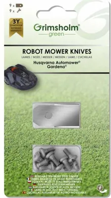 Produktbild von Blister mit 9 Klingen für Flymo-, Gardena- und Husqvarna-Modelle 1200r, R38li, R40li, R45li, R50li, R70li, R80li, R160, Sileno