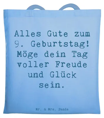 Produktbild von Mr. & Mrs. Panda Schultasche Spruch 9. Geburtstag Freude - Sky Blue - Geschenk, Uni Tasche, Kindergeburtstagsparty, Happy Birthday, Geburtstagsgeschenk, Geburtstagsideen