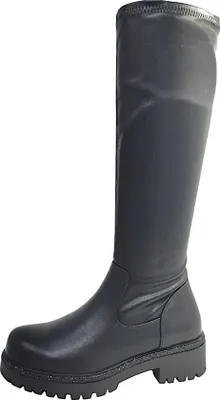 A black knee-high boot with a thick sole is shown against a white background.