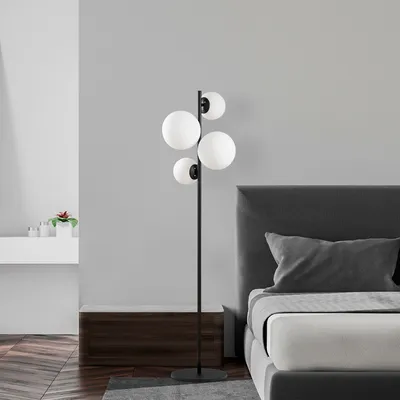 Produktbild von Opviq, Moderne Stehlampe mit Metallkörper, Schwarz-Weiß, 33 x 33 x 162 cm | 4 x E14 Fassung, max. 40 W | 2 Glaskappen (20 cm & 15 cm) | Elegantes Design für Hotel & Zuhause.