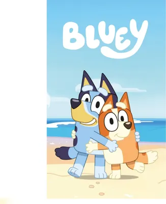Two cartoon dogs hugging on a beach with the word "BLUEY" above them.